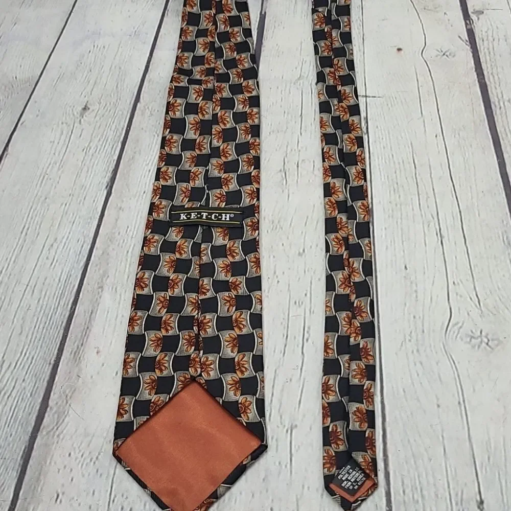 Vintage Ketch Black Orange Flower Power Retro Colorful Print  Tie